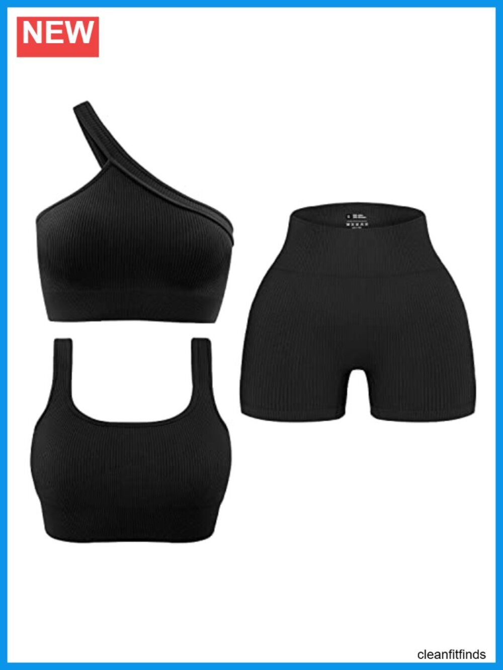 Seamless Ribbed Yoga Outfits - One Shoulder Sports Bra & Biker Shorts Set